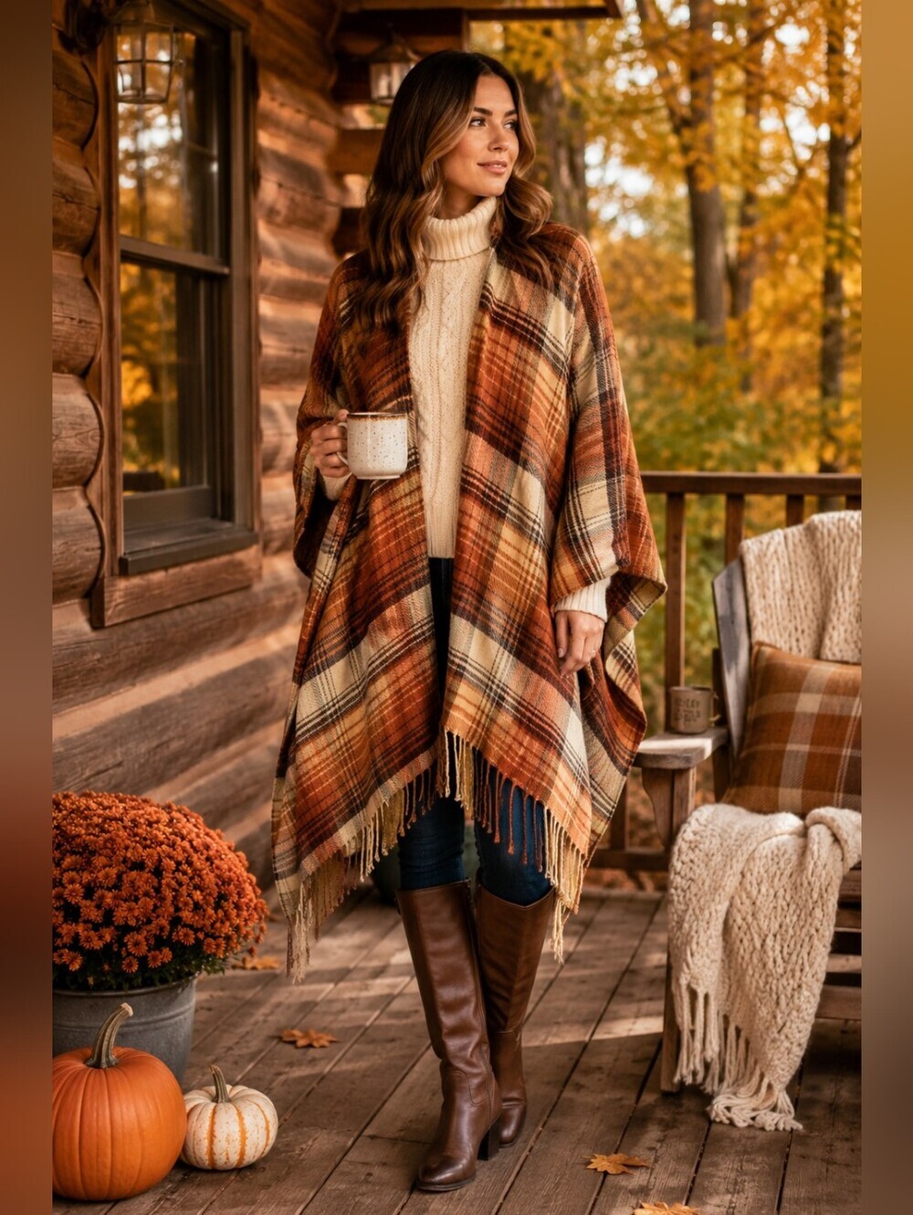 🍂 Pretty Persuasions Plaid Fringe Ruana Poncho Wrap